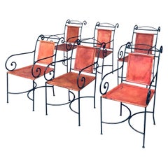 Ensemble de chaises à manger tourbillonnantes en fer forgé et cuir cognac, Espagne, années 1960