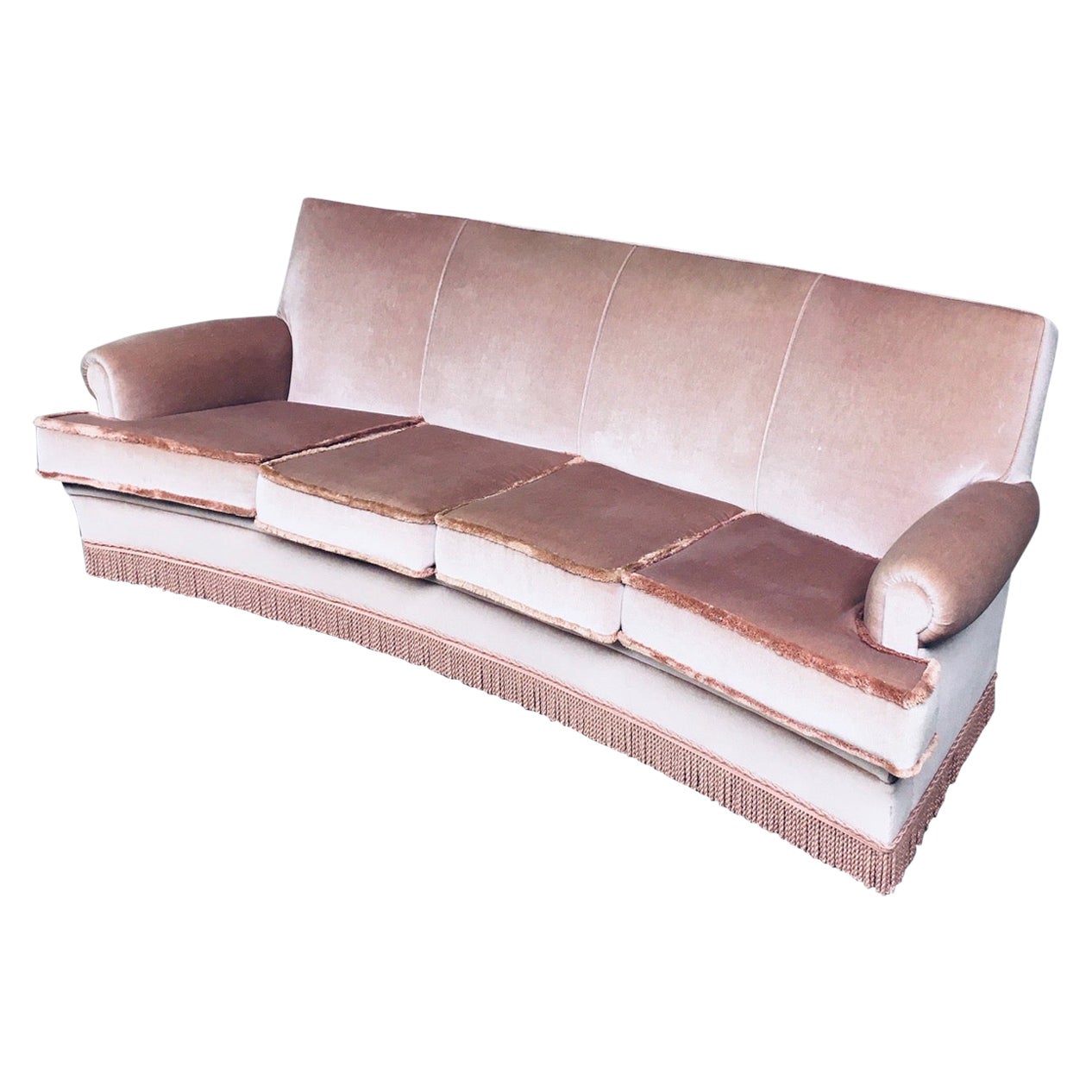 Vintage 1950's Design Pink Velvet Curved Sofa w Fringe