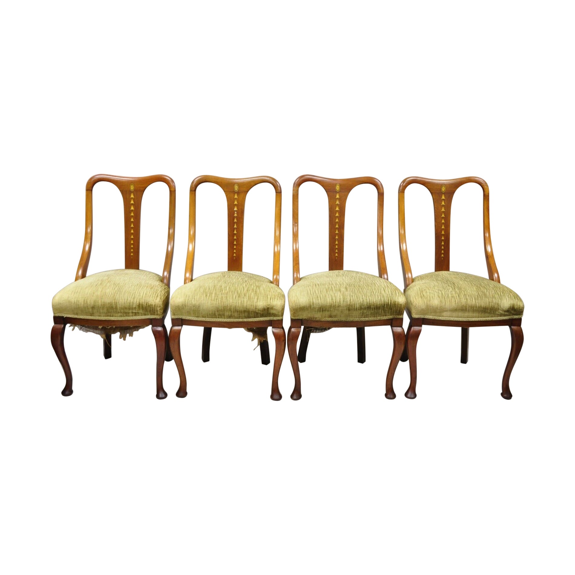 Edwardian Mahogany Sweetheart Back Bellflower Painted Dining Chairs Set of 4 For Sale