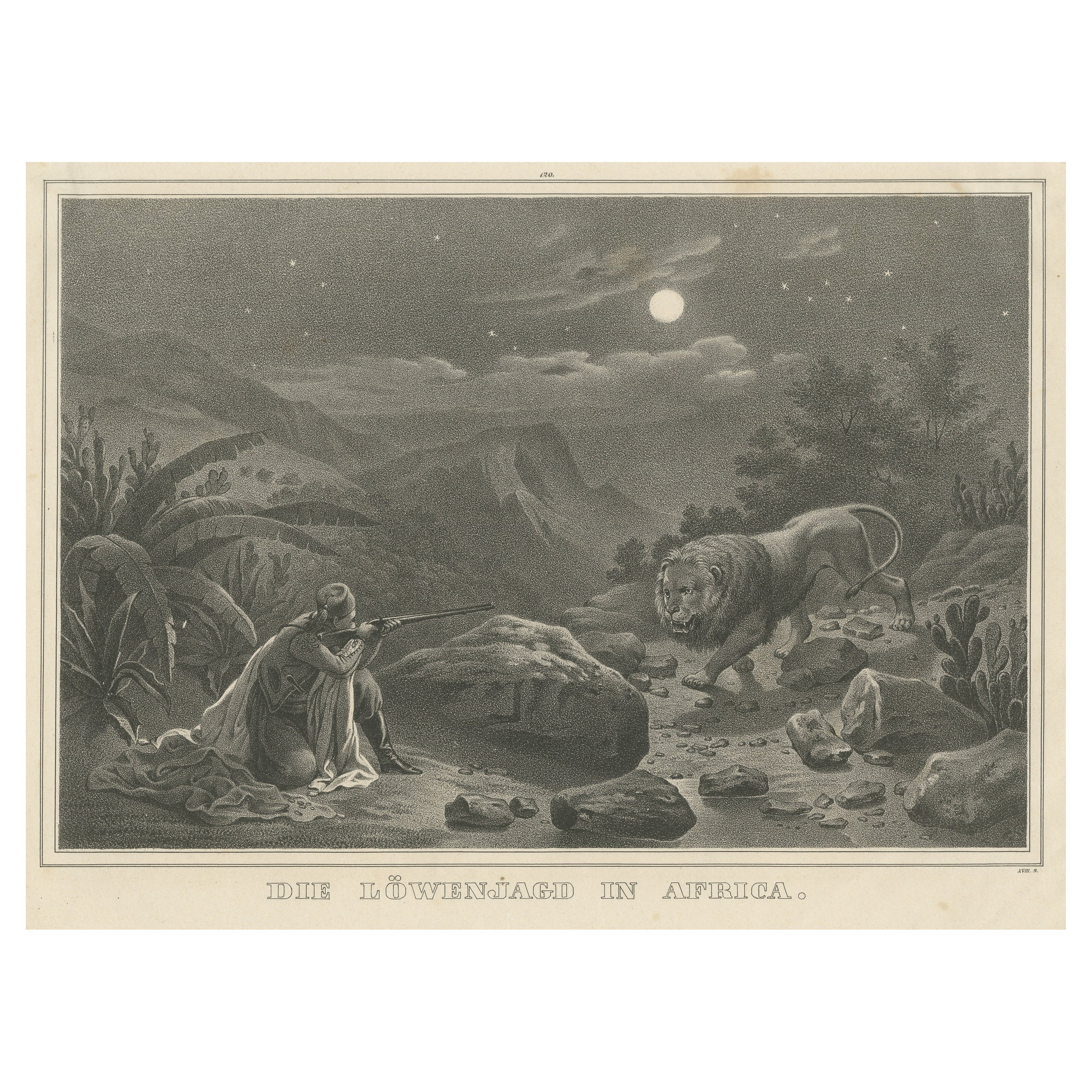 Antique Print of a Lion Hunt in Africa For Sale