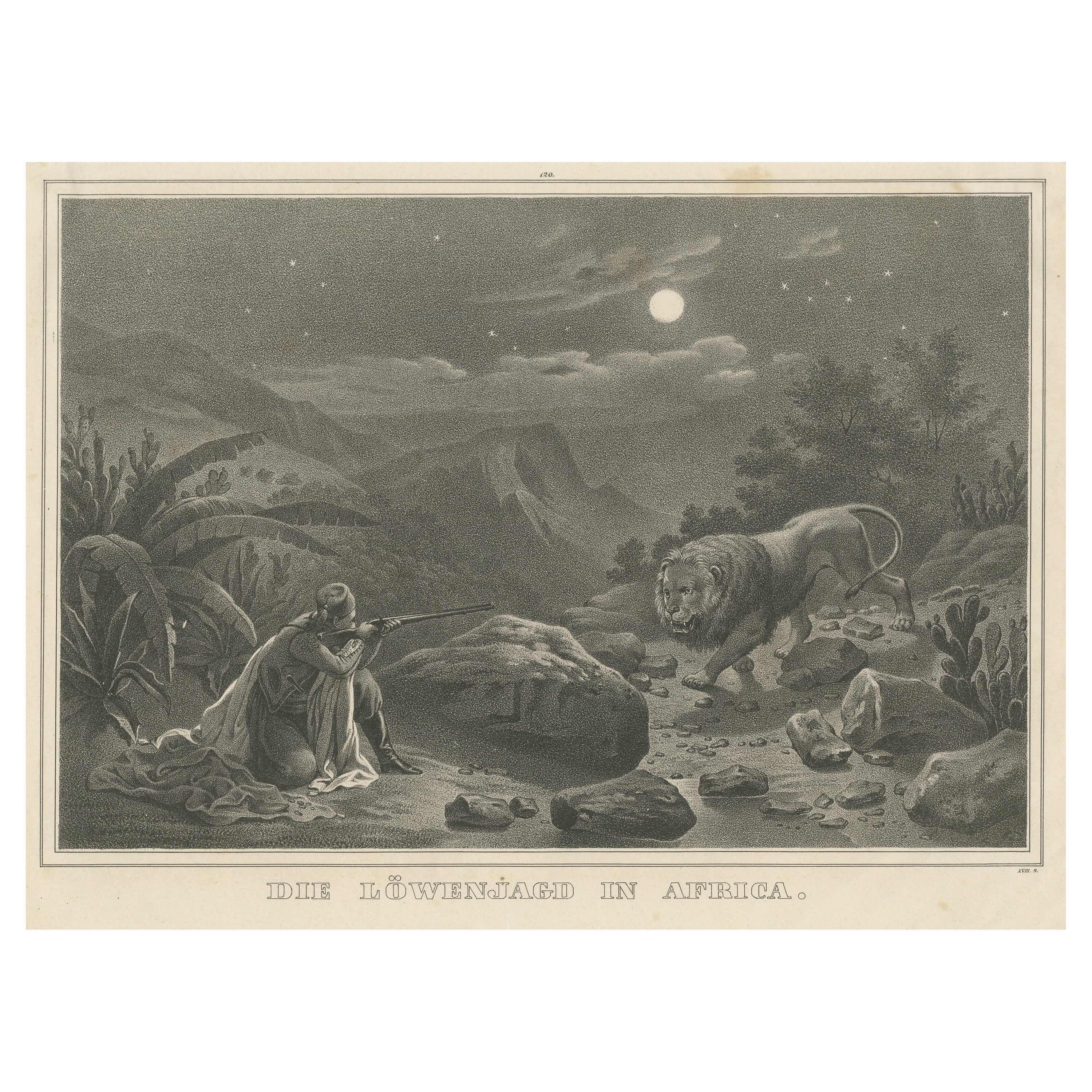 Grabado antiguo de una cacería de leones en África