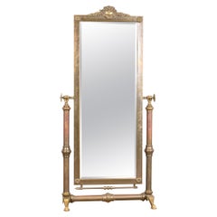 Antique Art Deco Brass Full Length Cheval Floor Mirror, Circa 1930s