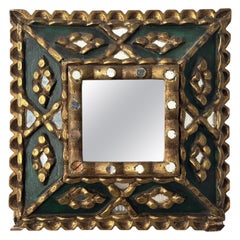 Spanish Folk Art Mirror with Mosaic Carved Gilt Wood Frame, c. 1930's