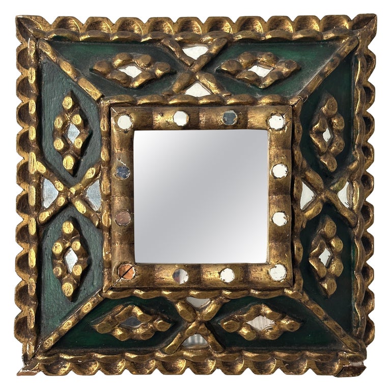Spanish Folk Art Mirror with Mosaic Carved Gilt Wood Frame, c. 1930's For Sale