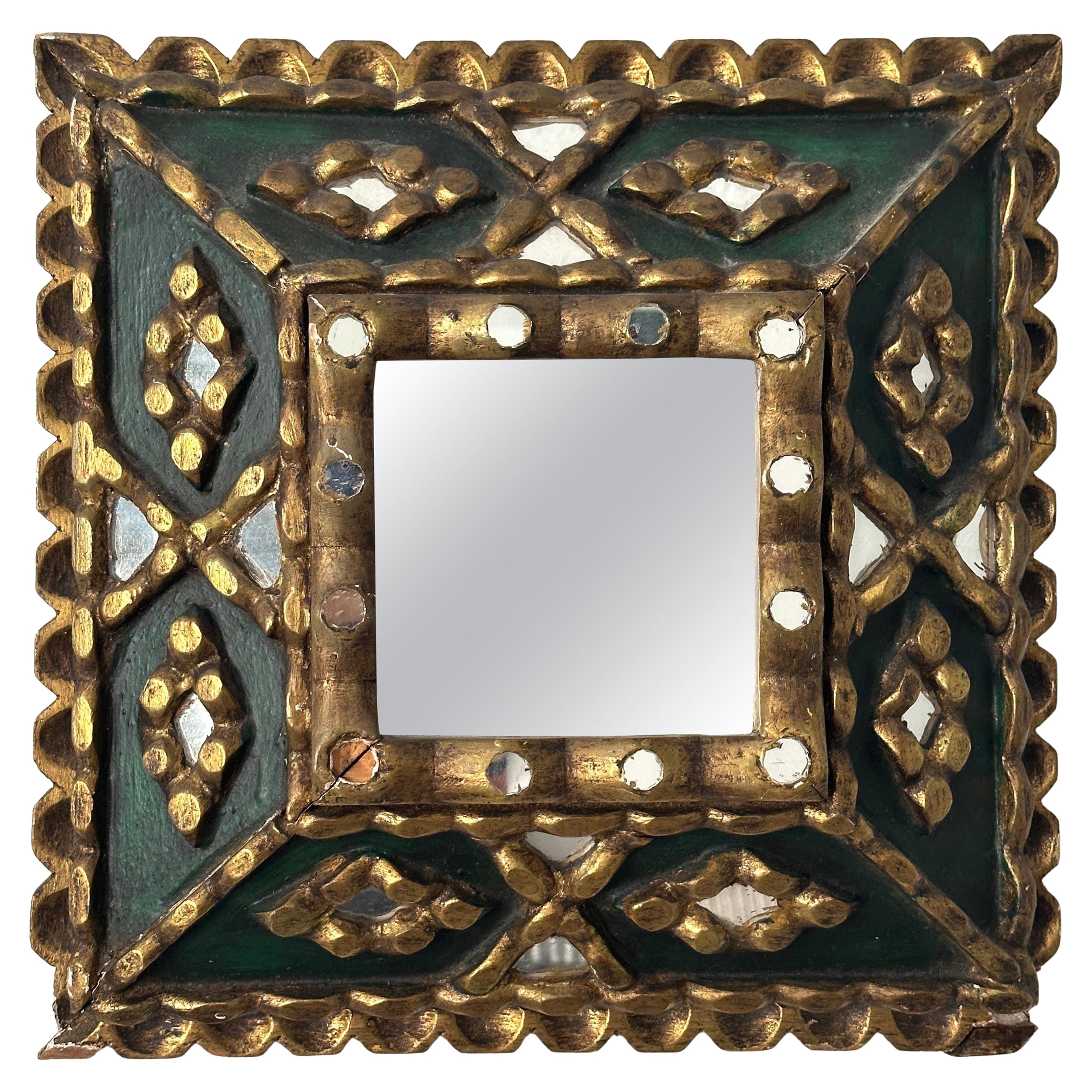 Spanish Folk Art Mirror with Mosaic Carved Gilt Wood Frame, c. 1930's