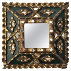 Antique Spanish Folk Art Mirror with Mosaic Carved Gilt Wood Frame, c. 1930's