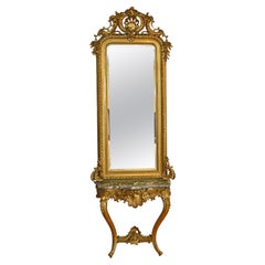French Rococo Louis XV Style Giltwood Mirror & Console W/ Black & White Marble