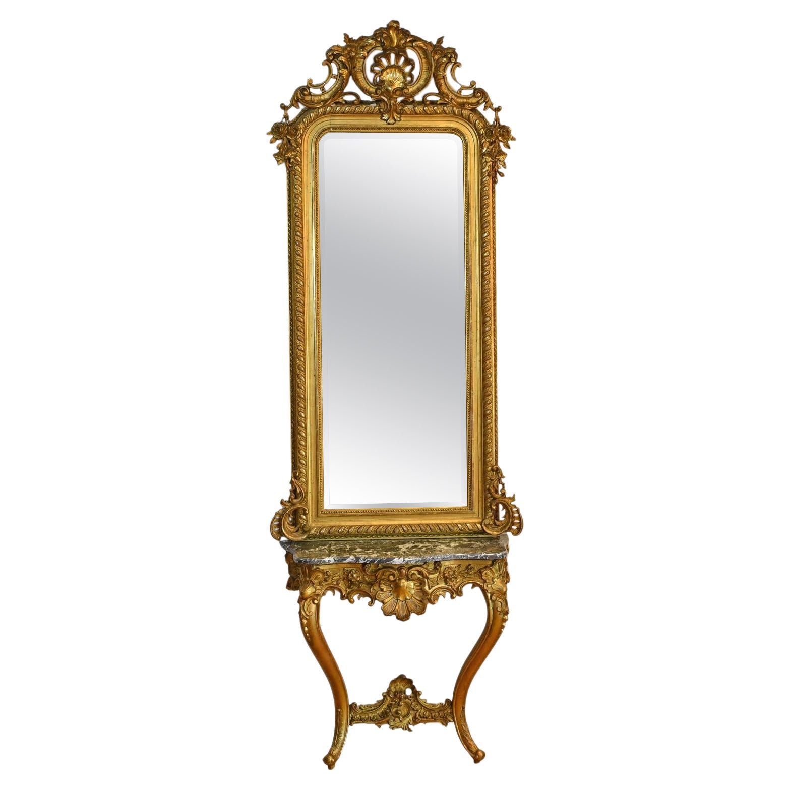 French Rococo Louis XV Style Giltwood Mirror & Console W/ Black & White Marble For Sale