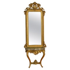 Antique French Rococo Louis XV Style Giltwood Mirror & Console W/ Black & White Marble