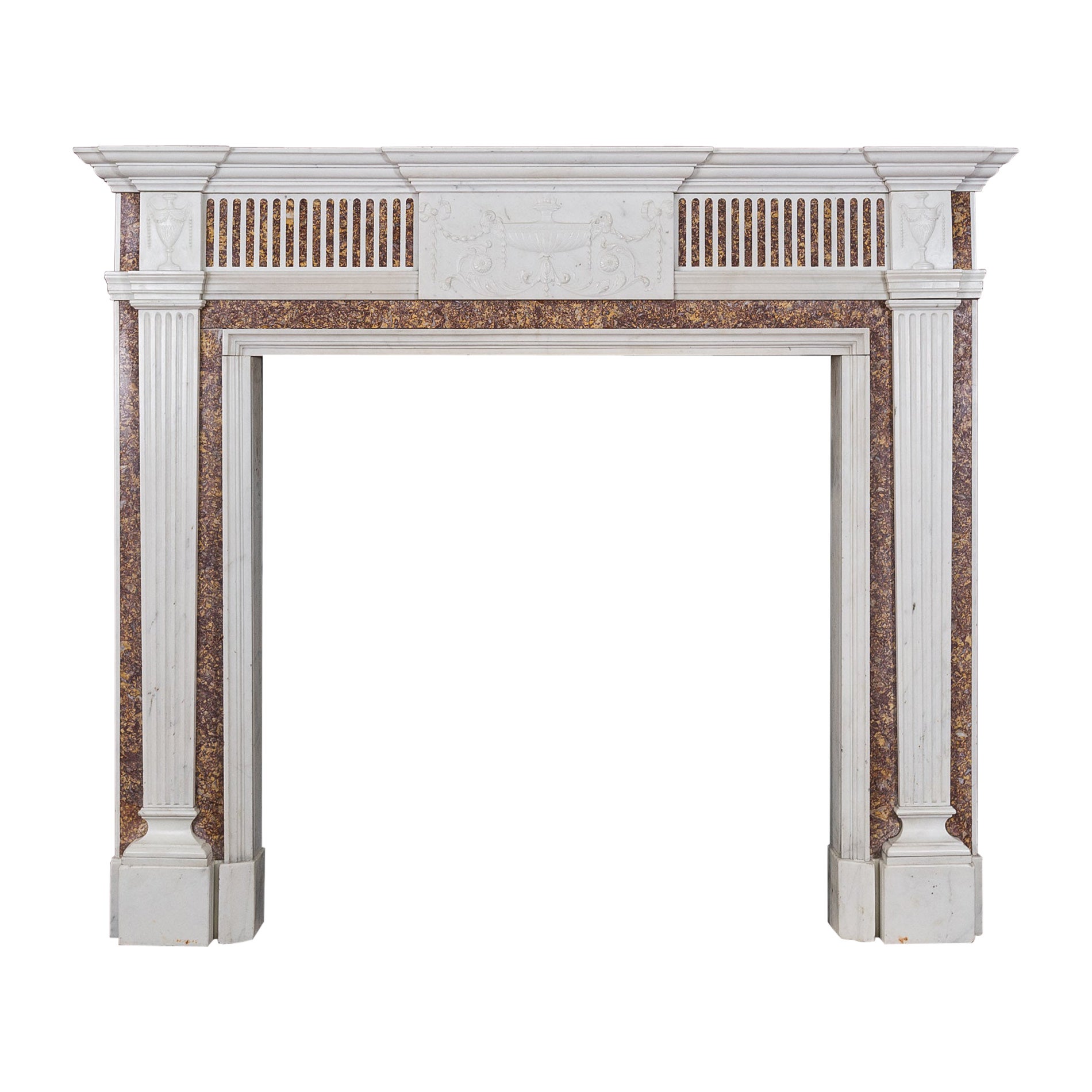 Georgian Statuary Marble Fireplace with Carved Tablet and Brocatelle Inlay For Sale