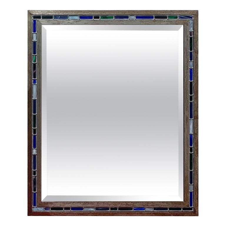 Steel and Leaded / Stained Glass Framed Wall Mirror British, C2000