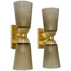 Pair of Modern Murano Glass and Brass Double Cone Sconces