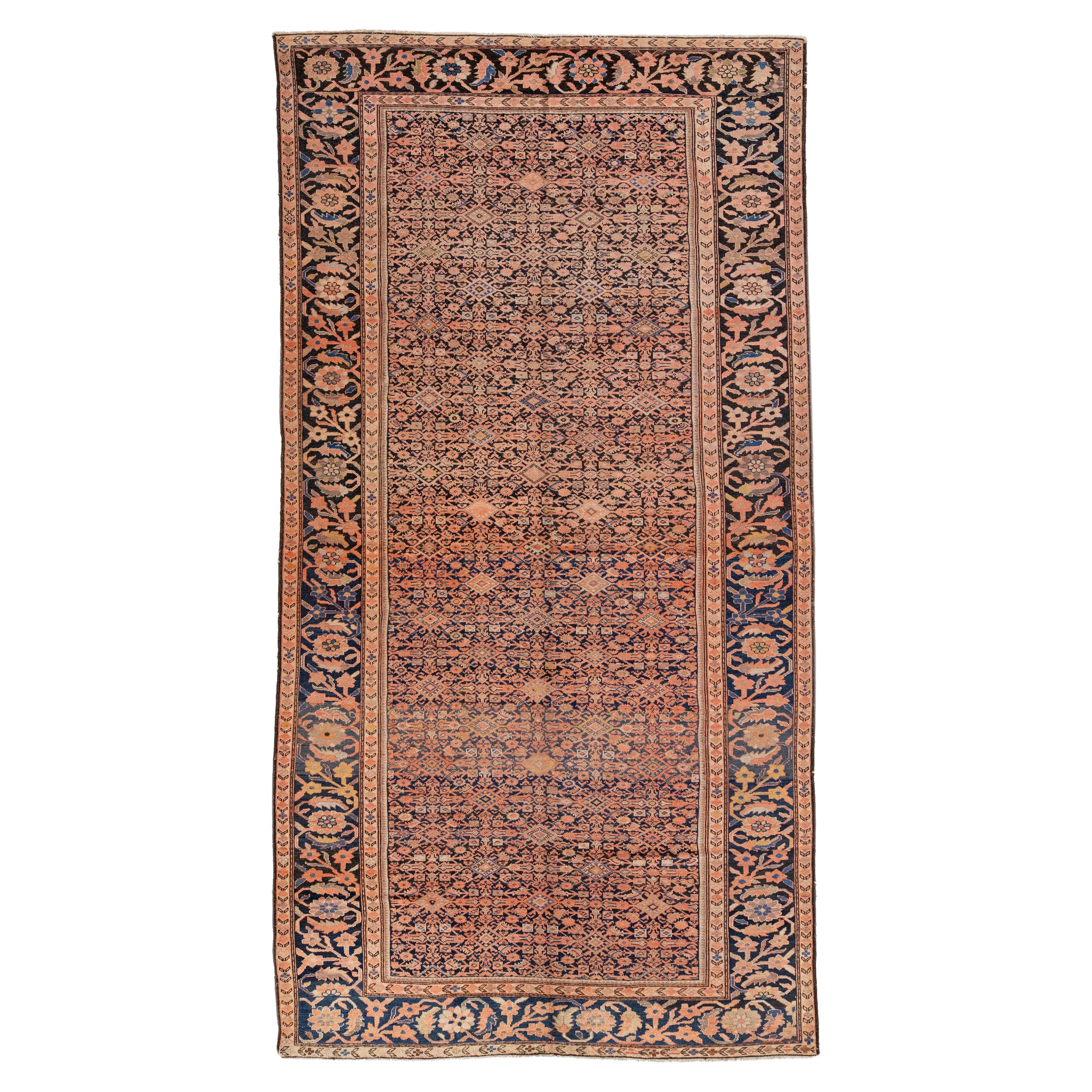 Handmade Antique Persian Malayer Allover Wool Rug in Peach & Blue For Sale