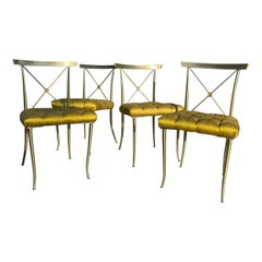 William “Billy” Haines Brass Campaign Tufted Raw Silk Dining Chairs, Set of 4