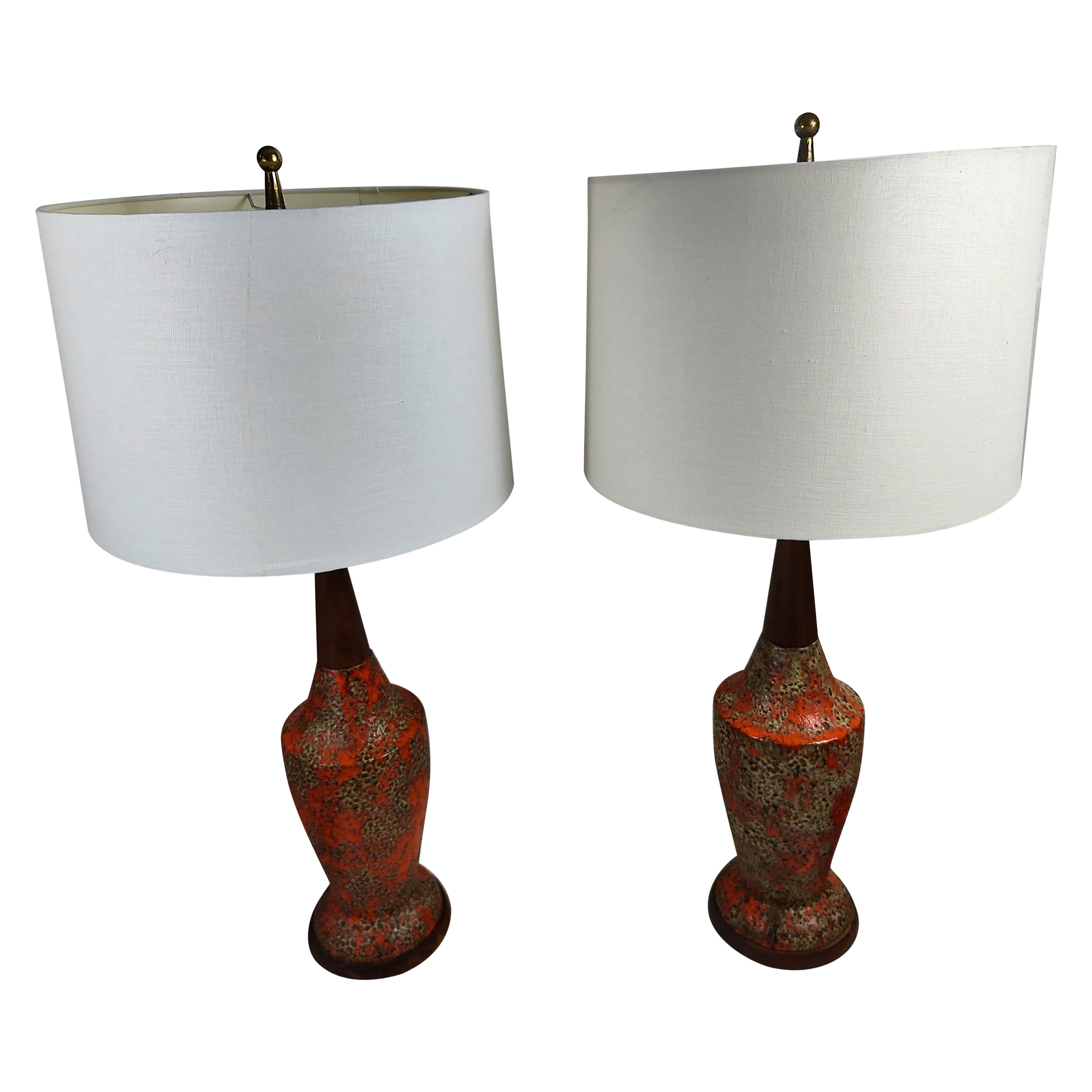 Hand-Crafted Pair of Mid-Century Modern Sculptural Walnut & Volcanic Lava Pottery Table Lamps For Sale