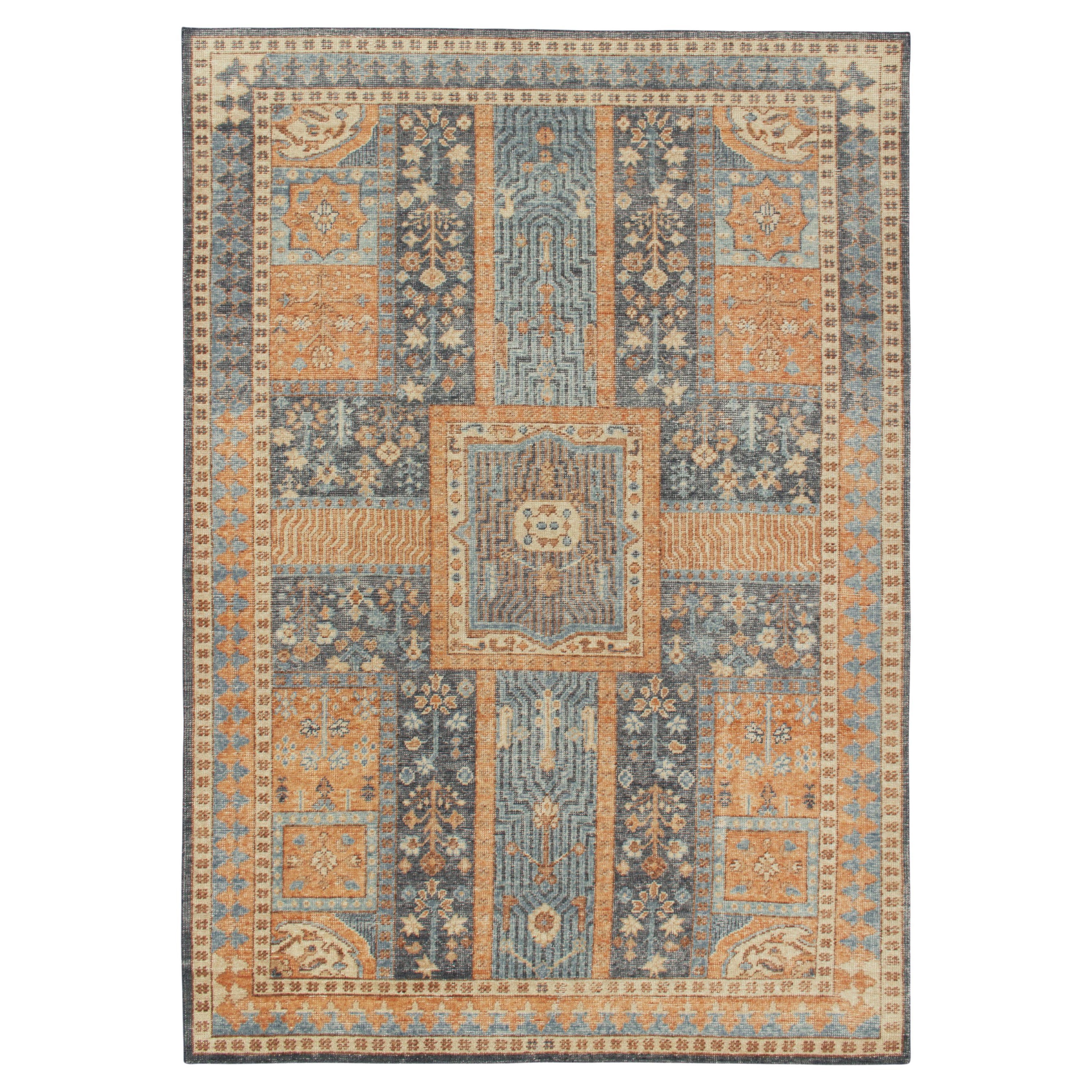 Rug & Kilim's Antique Persian Style Distressed Rug in Blue, Gold Garden Pattern For Sale