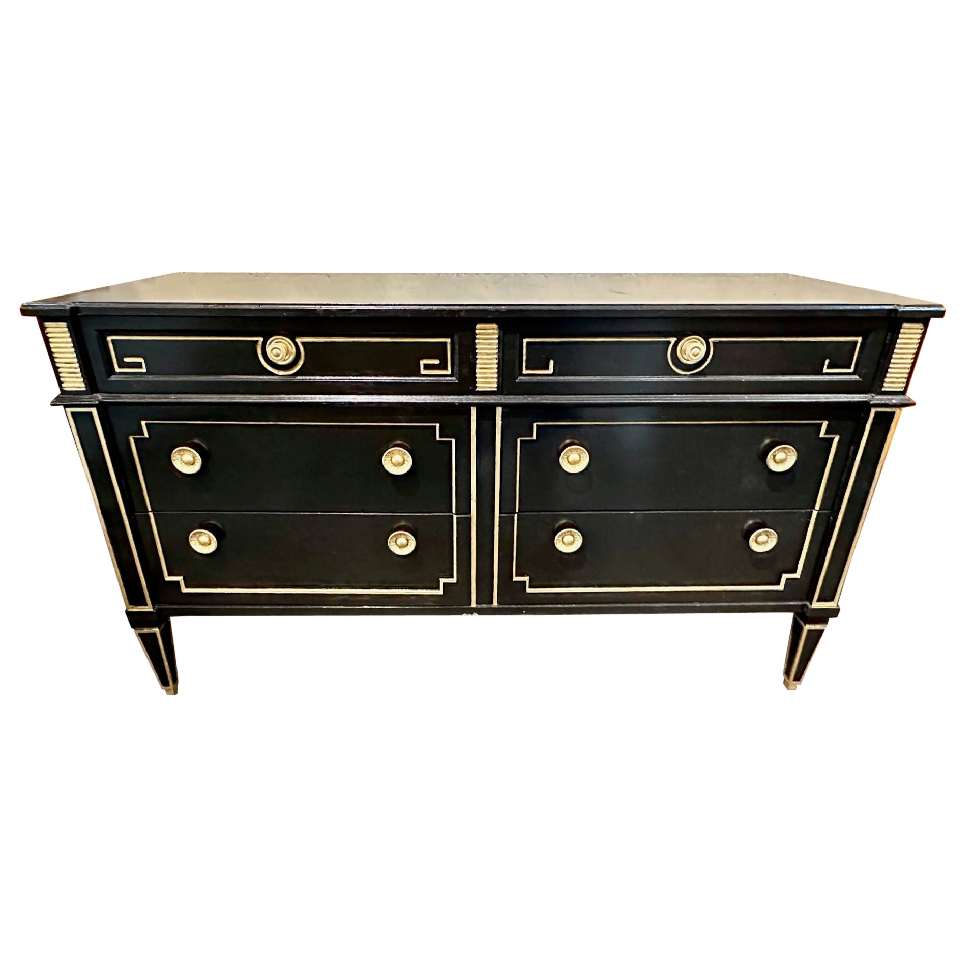 Vintage French Jansen Louis XVI Style Black Lacquered and Gilded Dresser For Sale