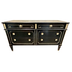 Vintage French Jansen Louis XVI Style Black Lacquered and Gilded Dresser