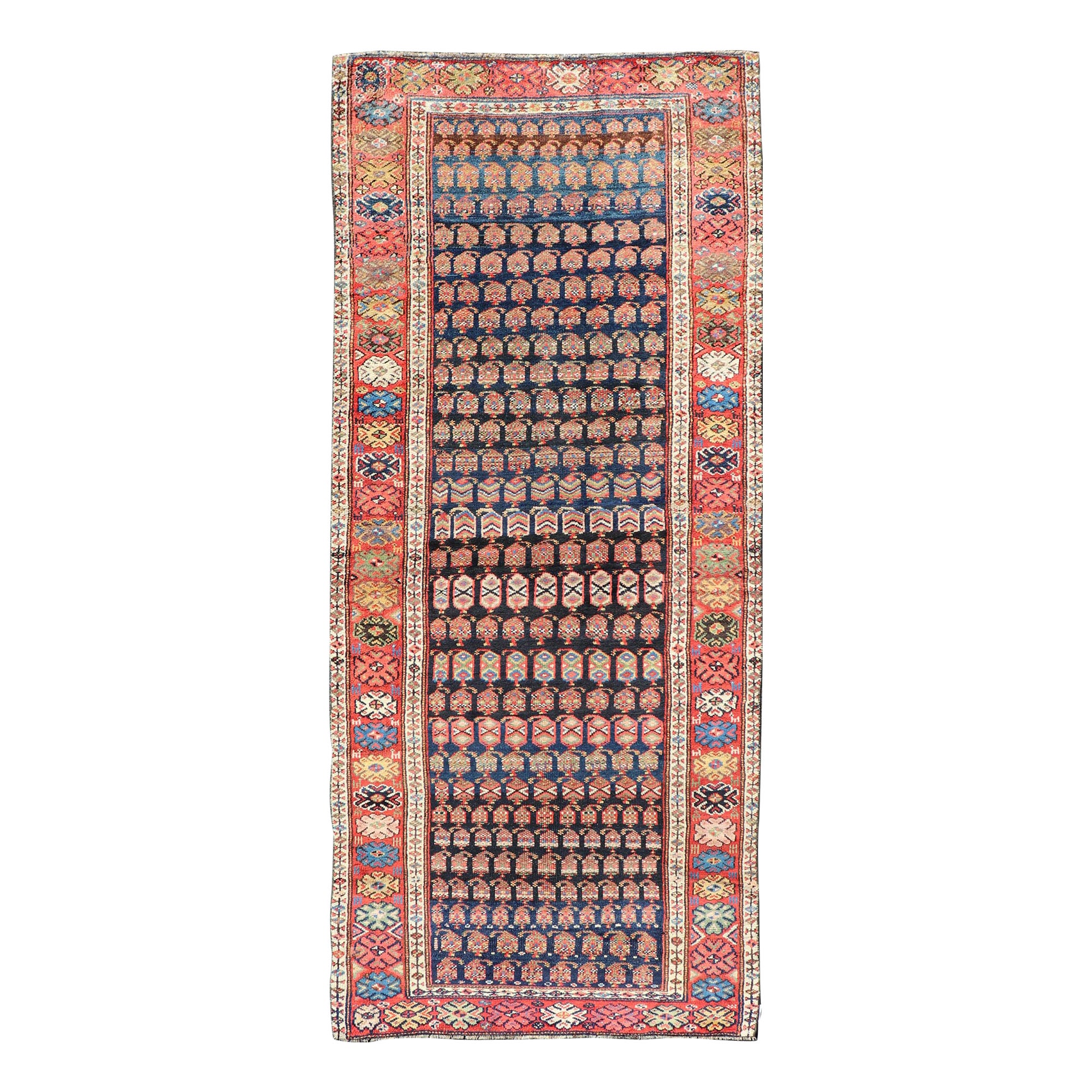 Antique Kurdish Gallery Runner In All-Over Geometric Design on a Blue Background For Sale