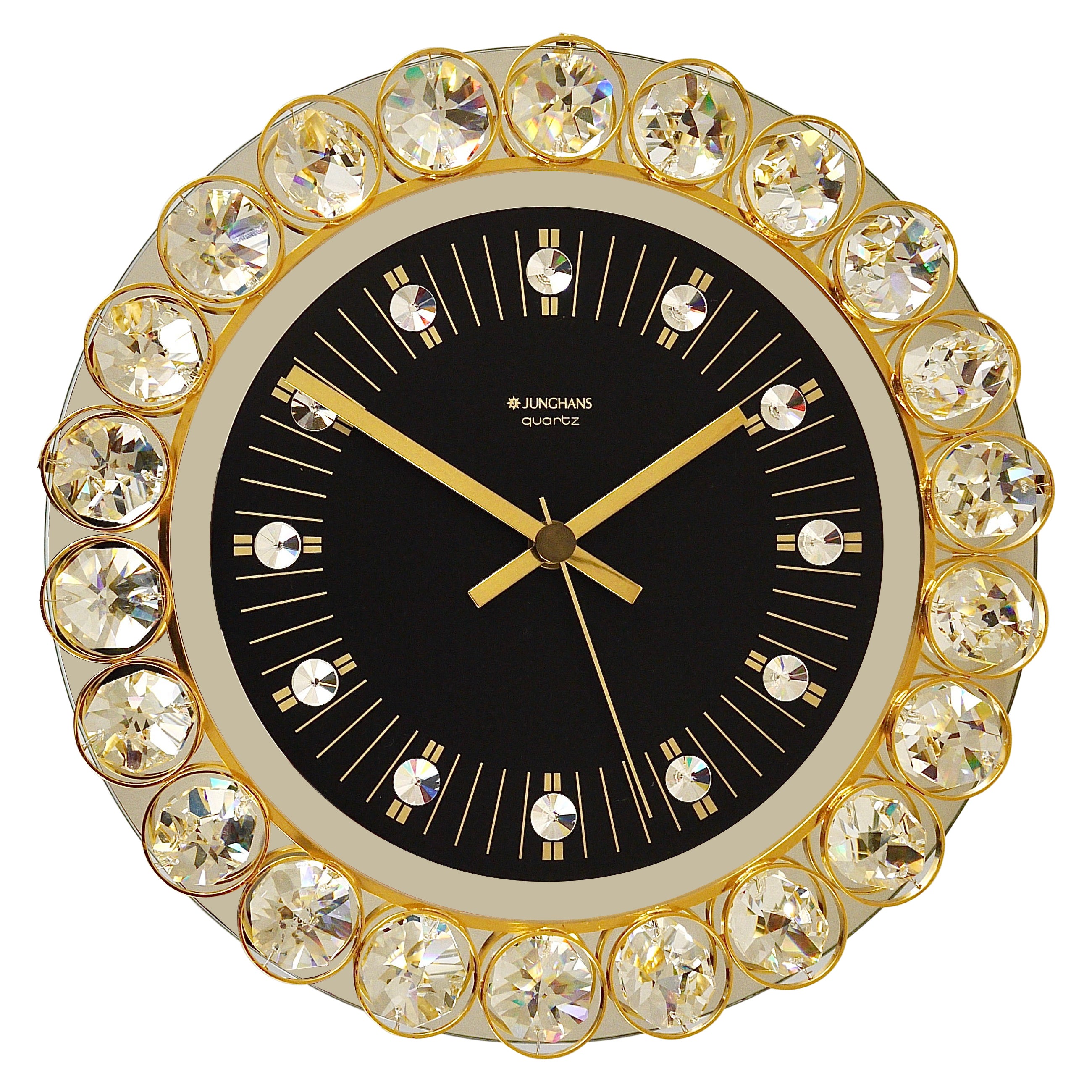 Golden Junghans Hollywood Regency Gilt and Crystals Wall Clock, Germany, 1970s For Sale