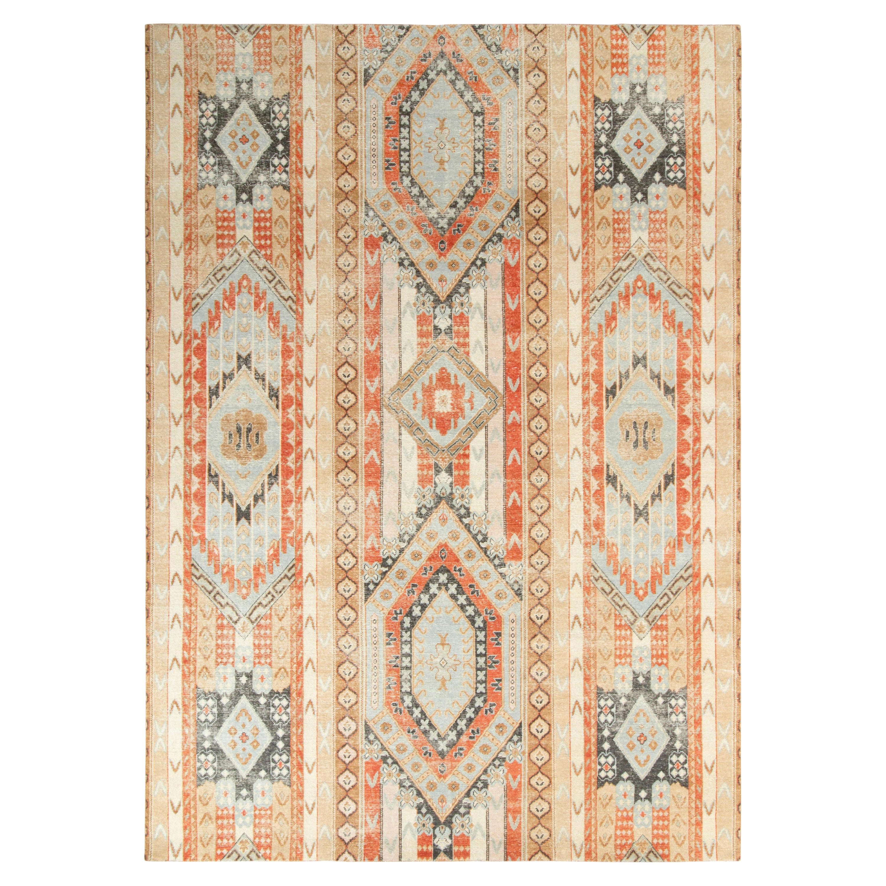 Rug & Kilim’s Distressed Style Rug in Blue, Grey Geometric Pattern