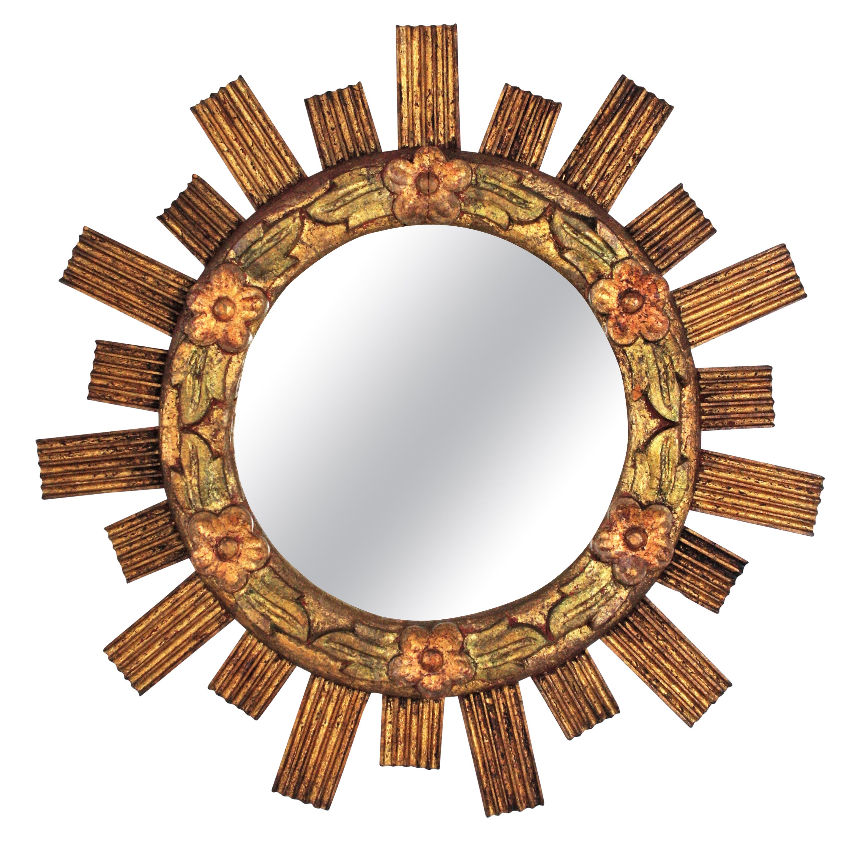Miroir espagnol Sunburst en bois doré avec détails floraux
