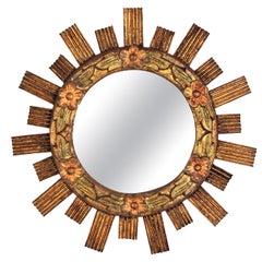 Spanish Sunburst Giltwood Mirror with Flower Details