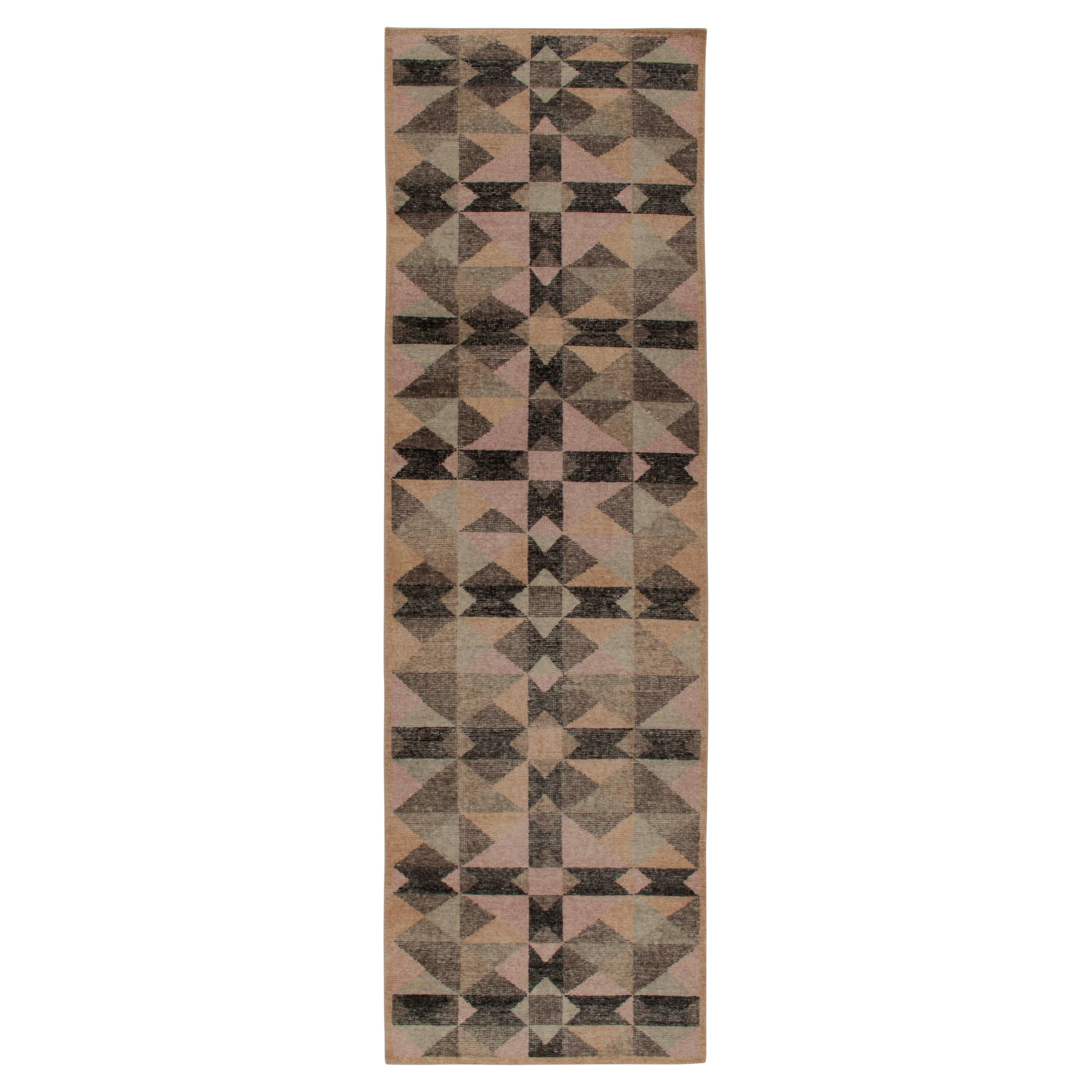 Rug & Kilim’s Distressed Style Runner in Beige, Black, Pink Scandinavian Pattern For Sale