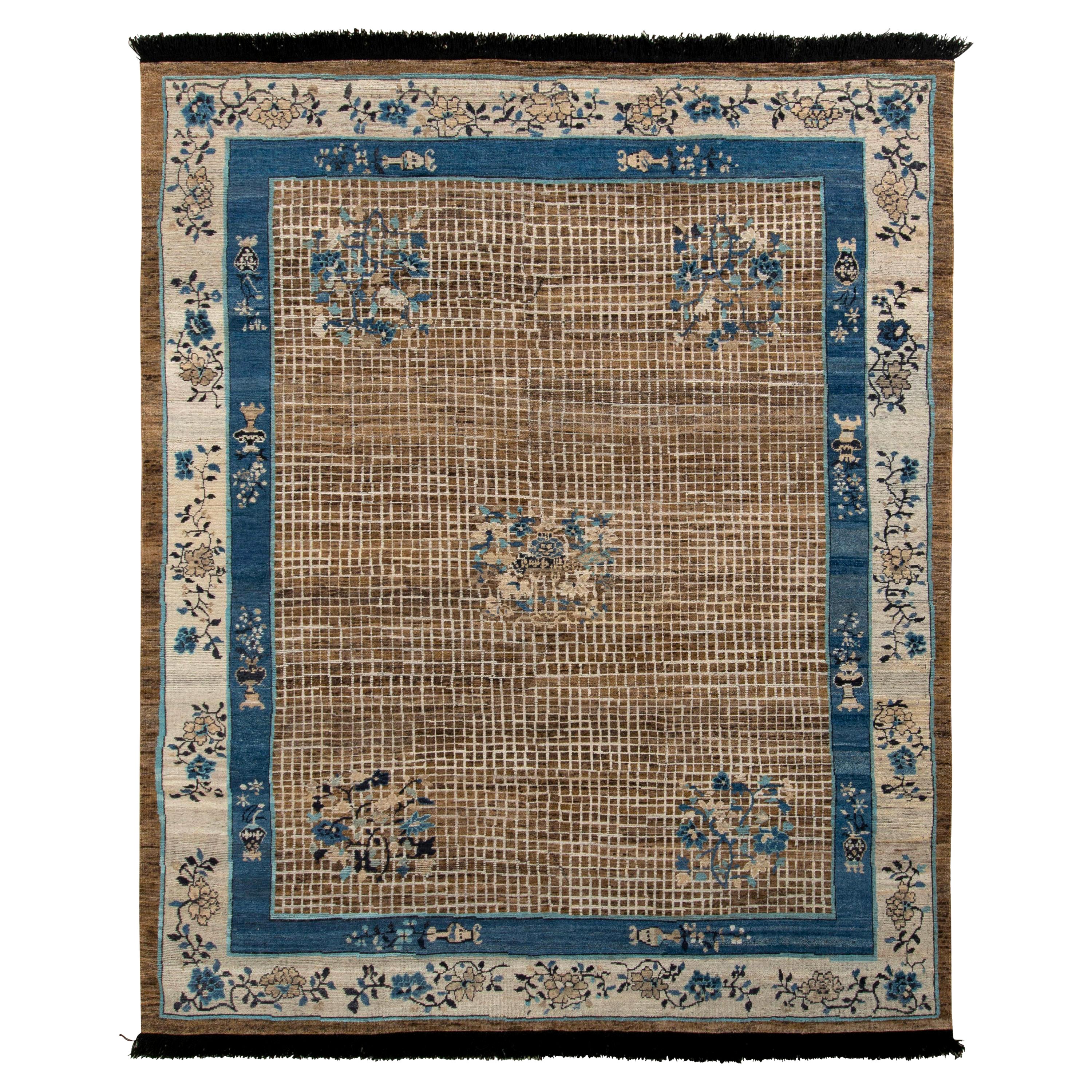 Rug & Kilim’s Chinese Art Deco Style Rug in Beige-Brown and Blue Medallion Style For Sale