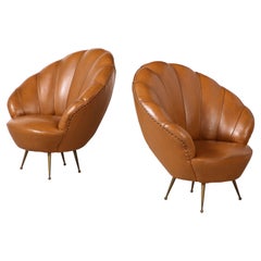 Pair of Italian Modernist Leather Scalloped Lounge Chairs, Circa 1950 