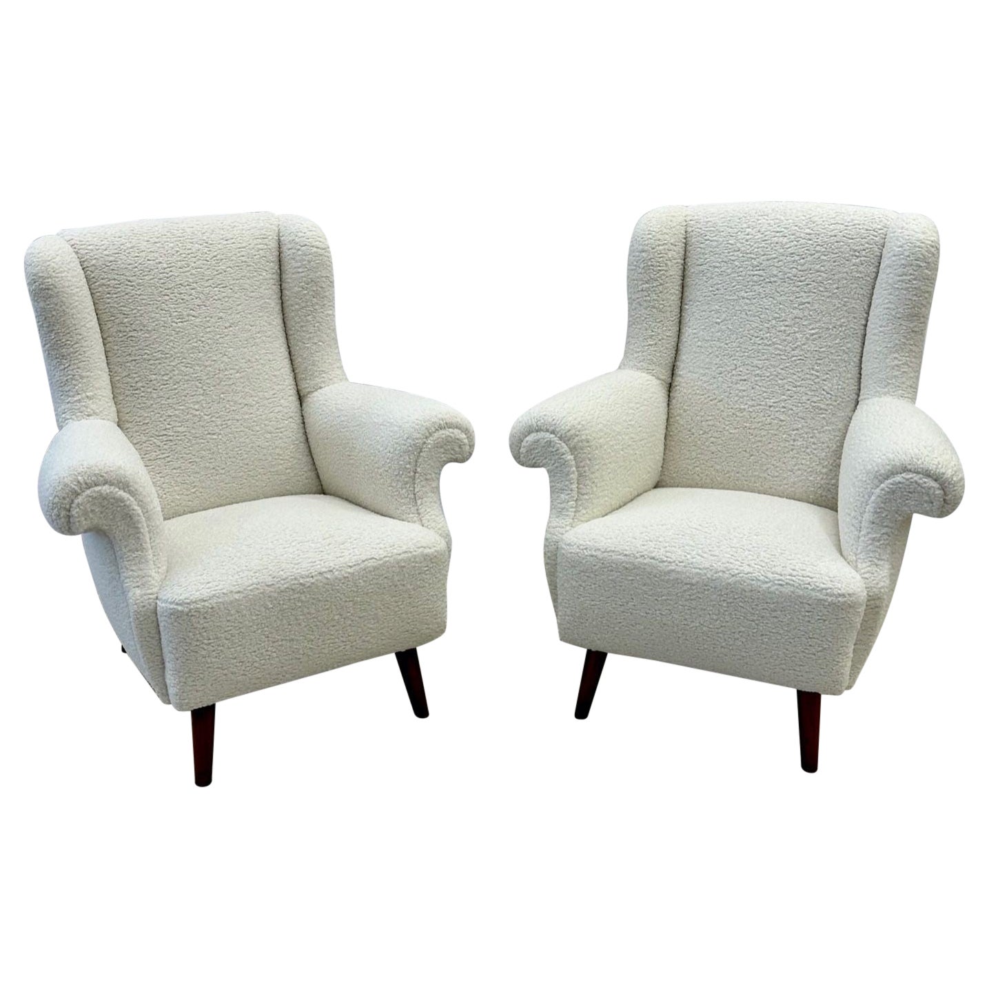 Pair American Mid-Century Scroll Lounge / Wingback Chairs, Boucle, Draper Style
