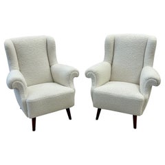 Pair American Mid-Century Scroll Lounge / Wingback Chairs, Boucle, Draper Style