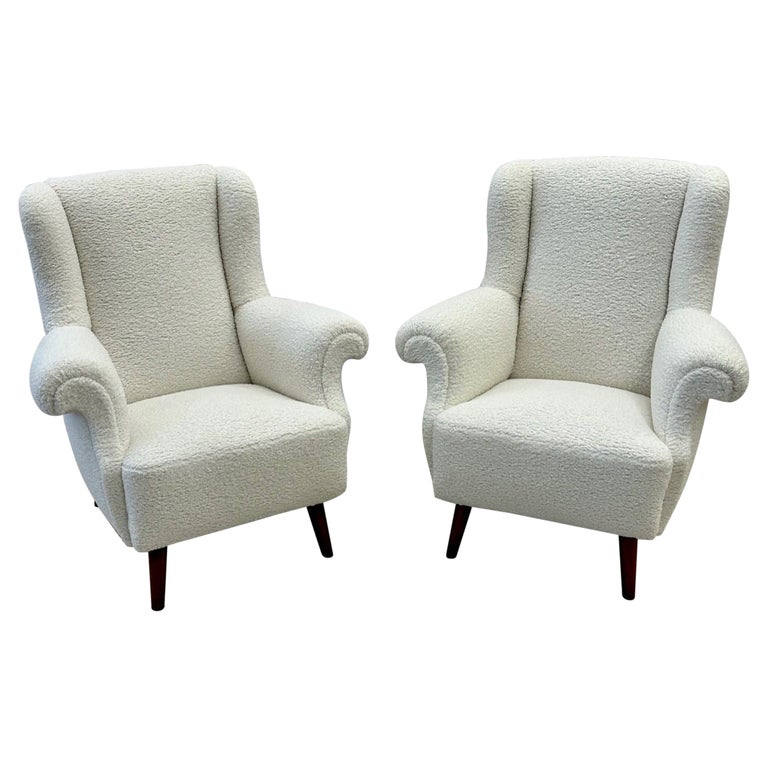 Pair American Mid-Century Scroll Lounge / Wingback Chairs, Boucle, Draper  Style For Sale at 1stDibs