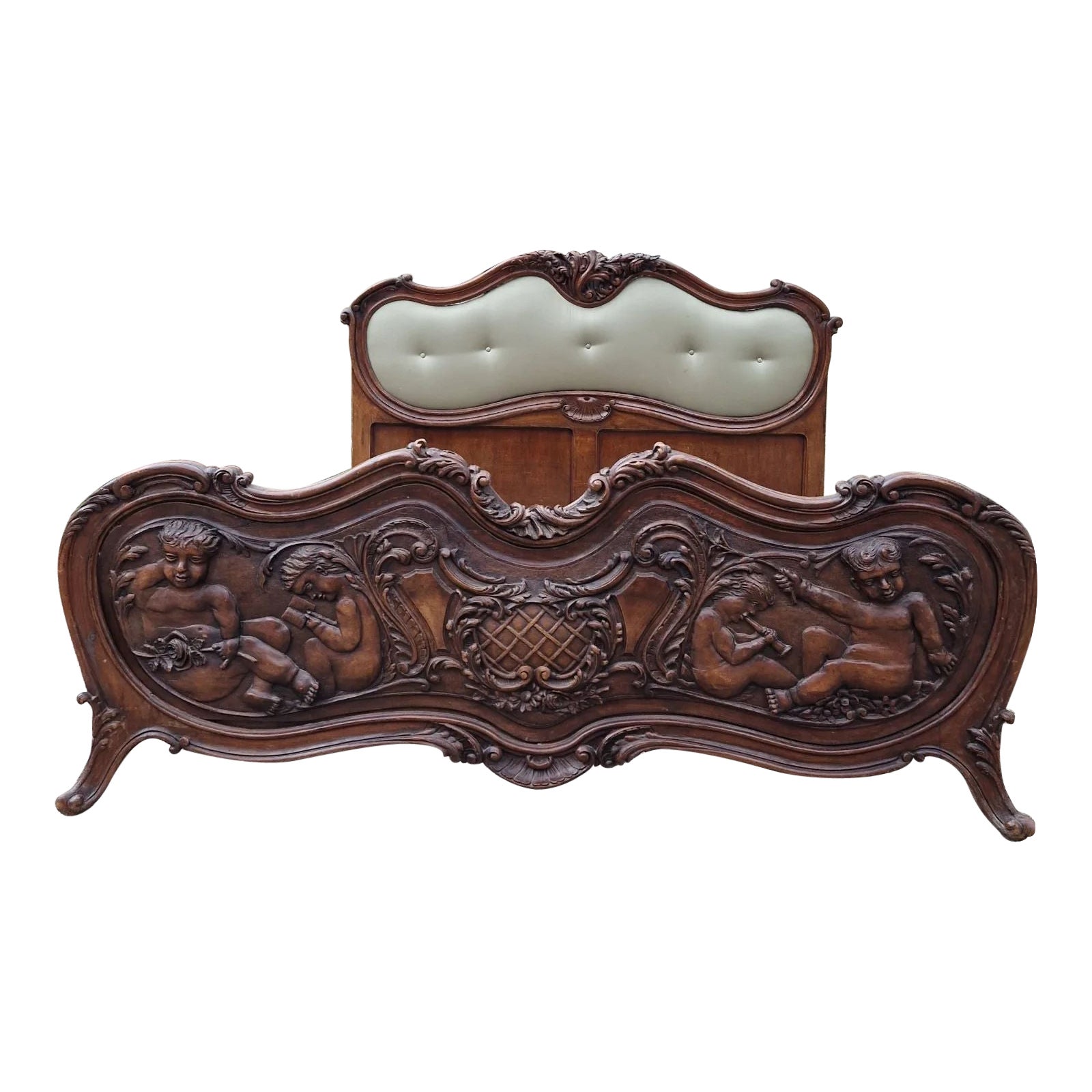 Lovely Carved Natural Pine Antique King Size Bed Frame For Sale at