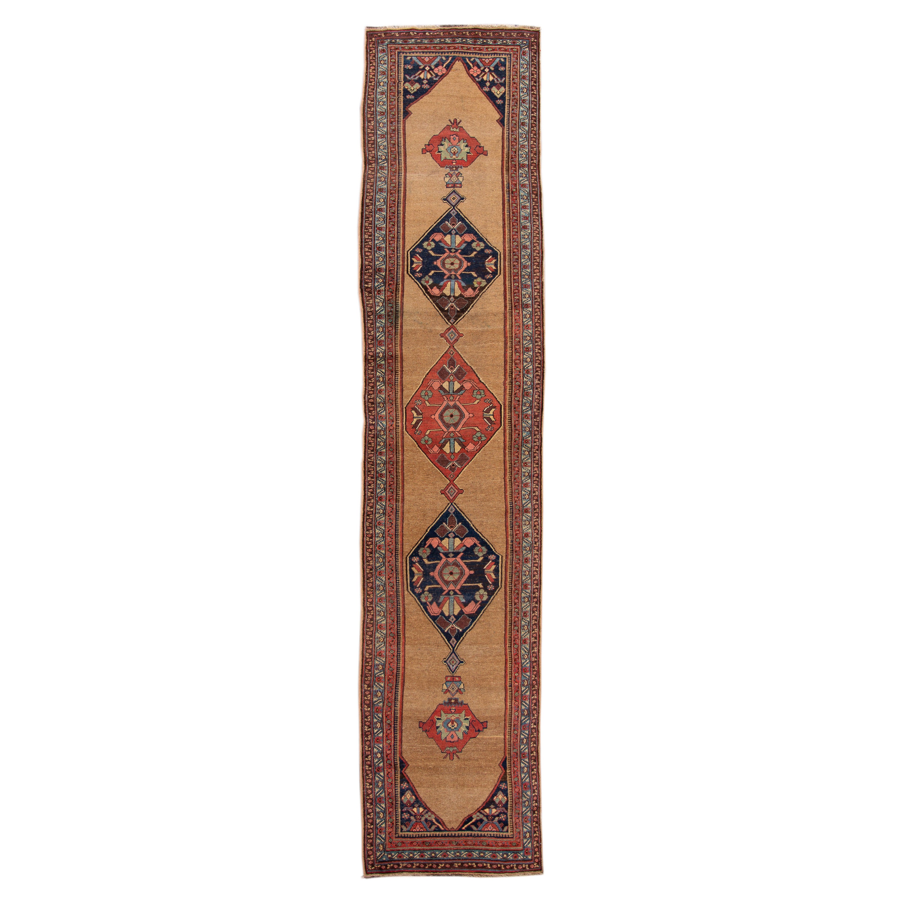 Antique Persian Bidjar Brown Handmade Wool Runner with Tribal Design For Sale