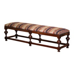 19th Century French Louis XIII Carved Walnut and Velvet Six-Leg Bench