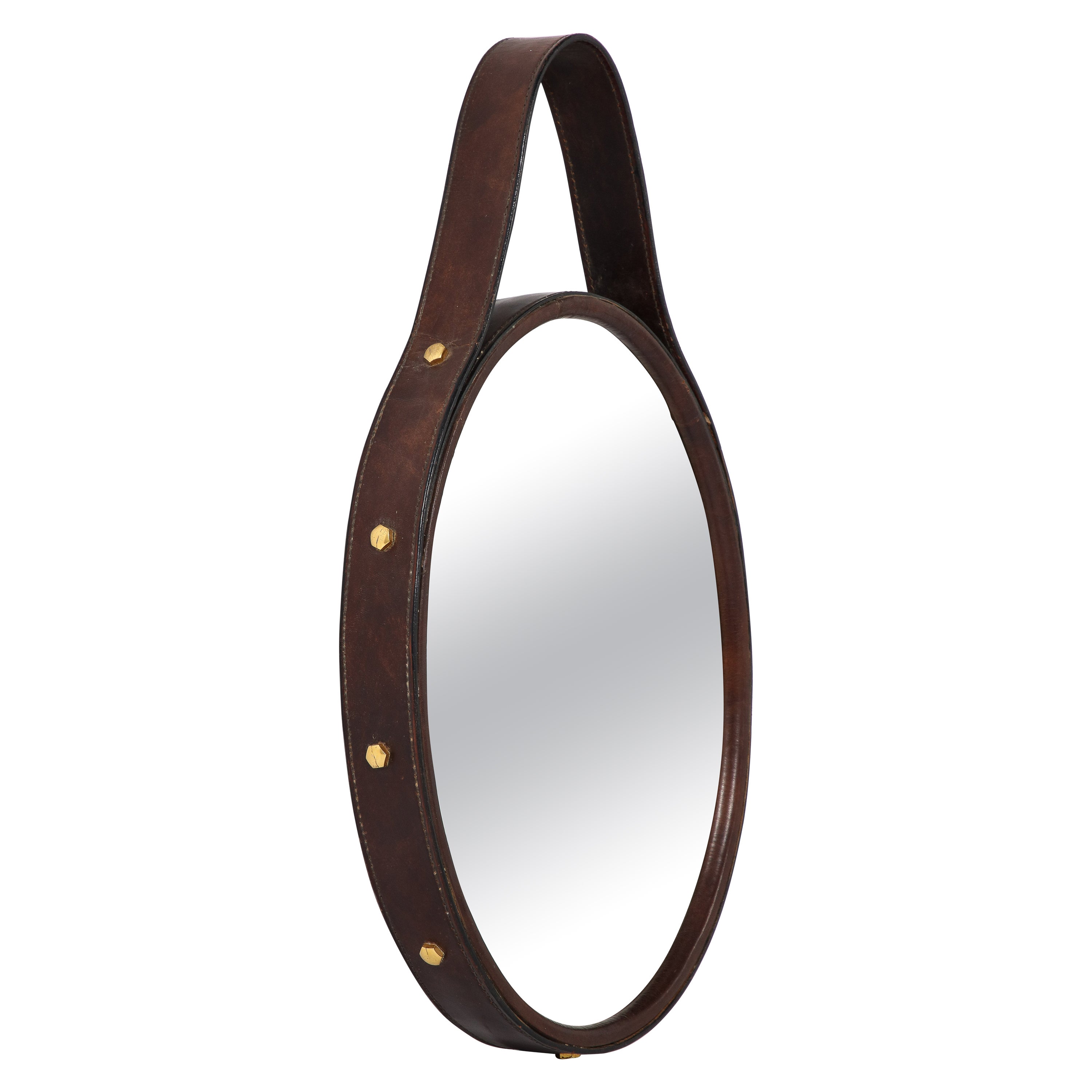Florentine Leather Wrapped Oval Mirror, Italy, 1960's For Sale