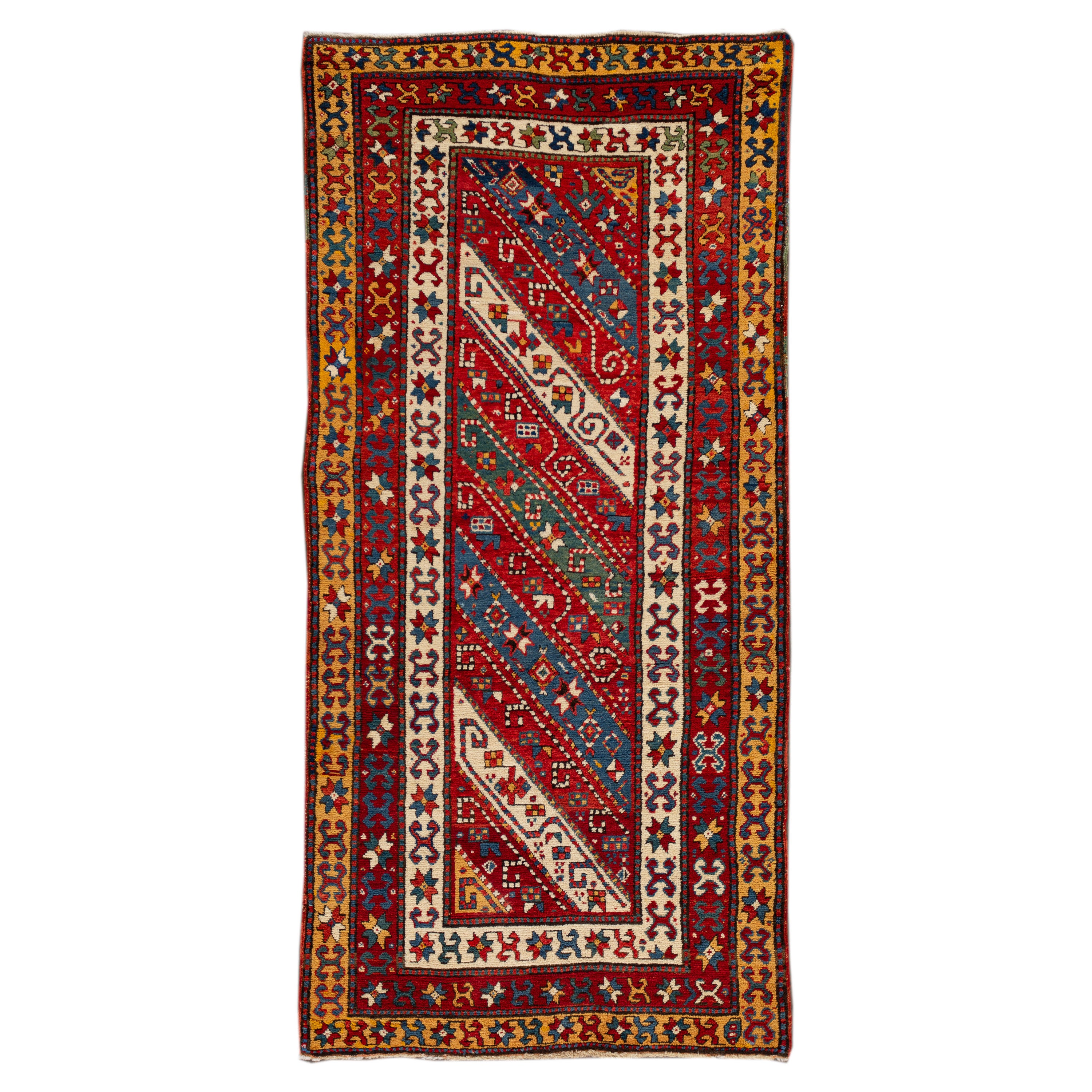Antiker kaukasischer handgefertigter Kaukasischer Galerie-Wollteppich mit mehrfarbigem Motiv 