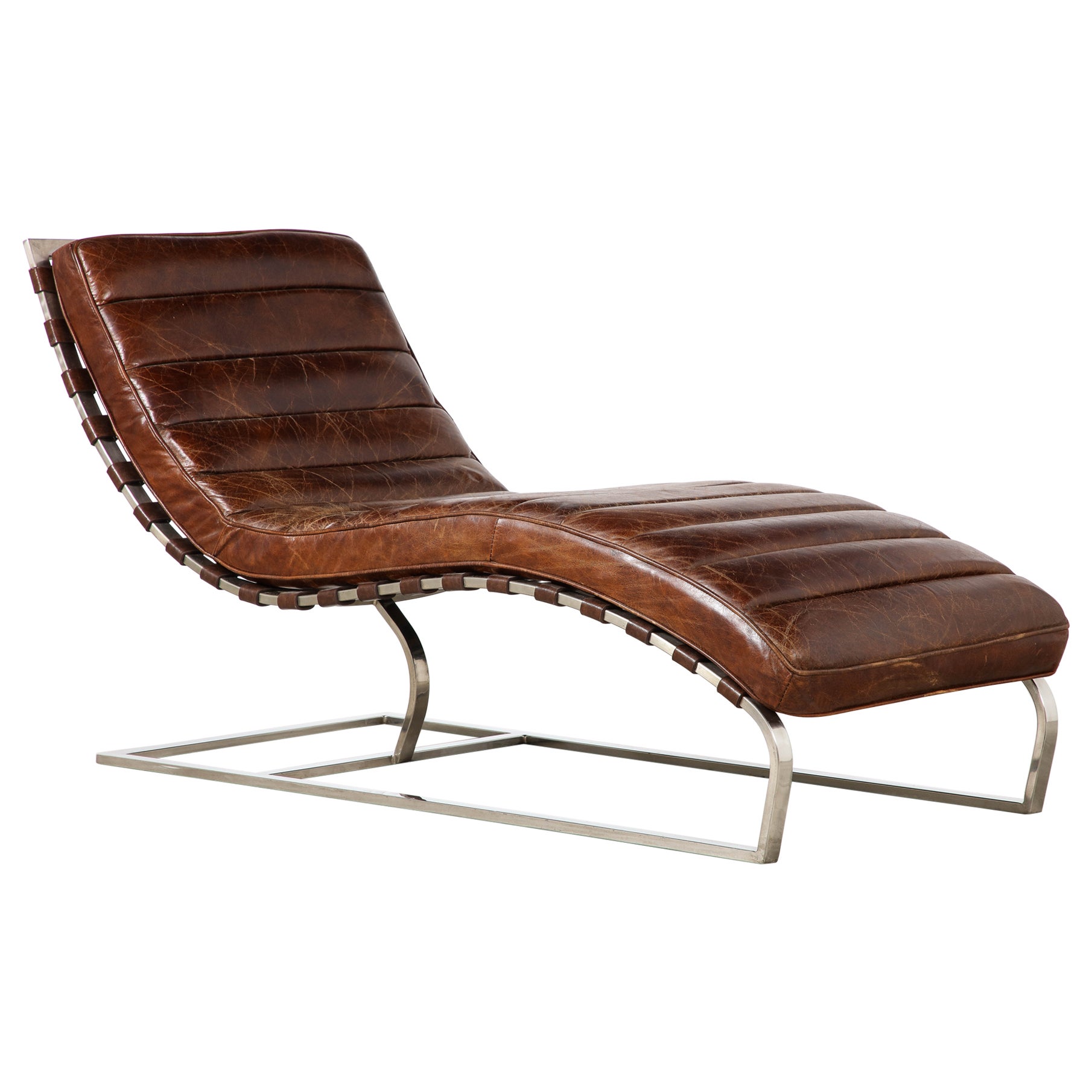 Italian Channeled Leather and Chrome Chaise Longue, 1970