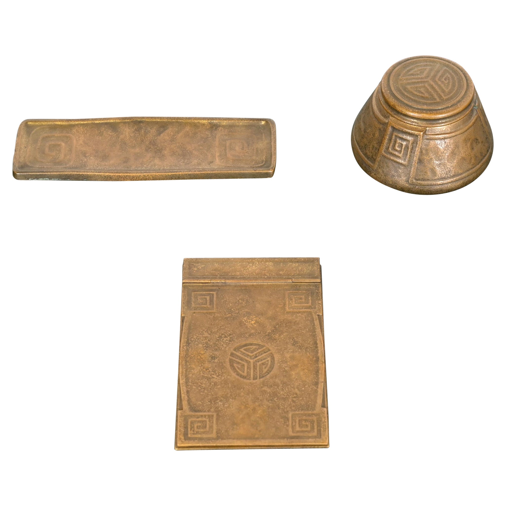 Tiffany Studios New York Art Deco 'Greek Key' Bronze Doré Desk Accessory Set