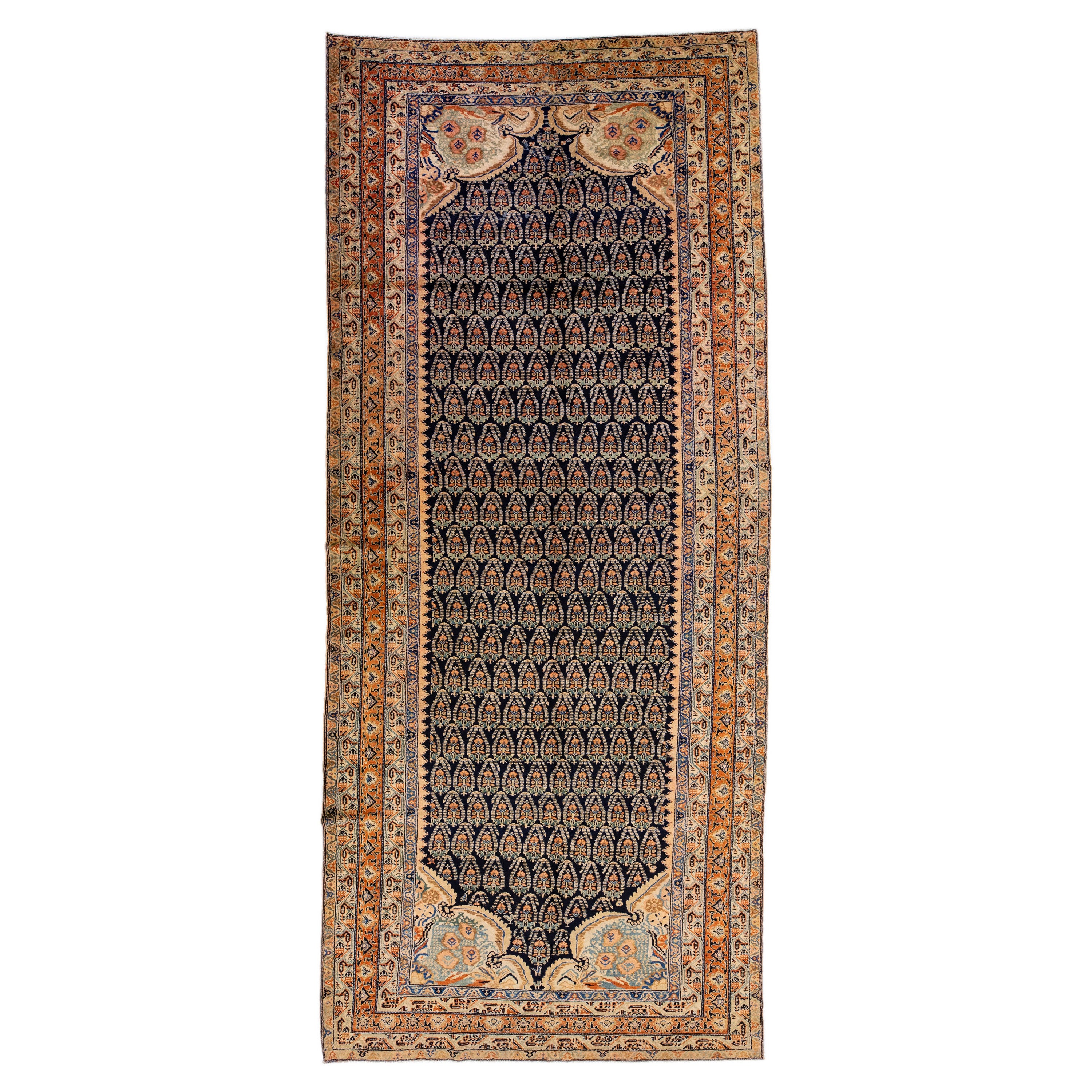Alfombra Persa Antigua Farahan De Lana Hecha A Mano En Color Azul Oscuro