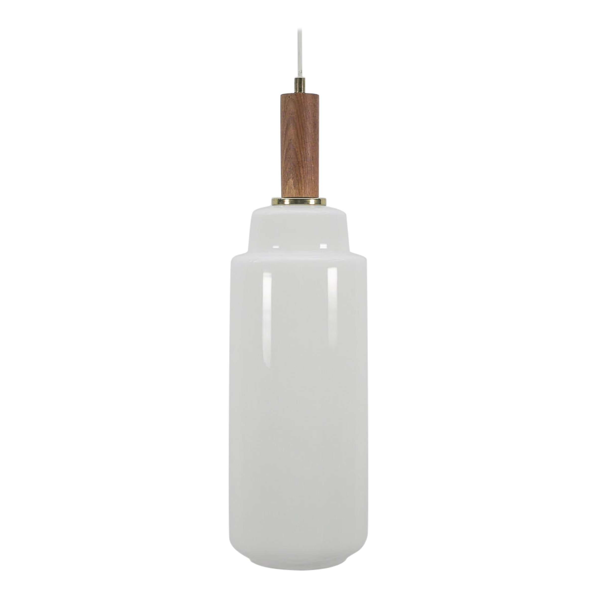 Cylindrical Scandinavian Opal Glass Hanging Lamp with Teak Wood, 1960s For Sale
