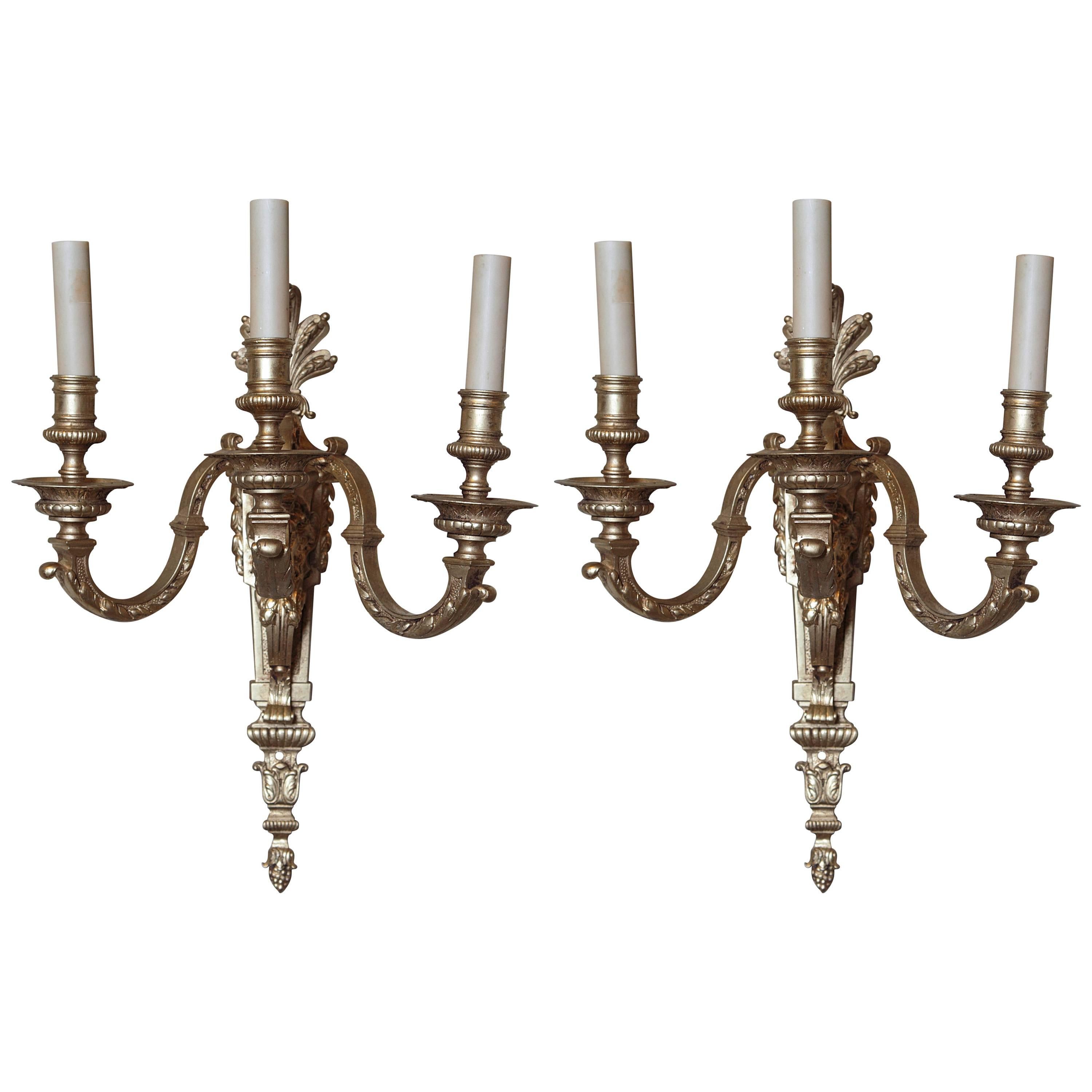 Pair of French Bronze Three-Candle Wall Sconces