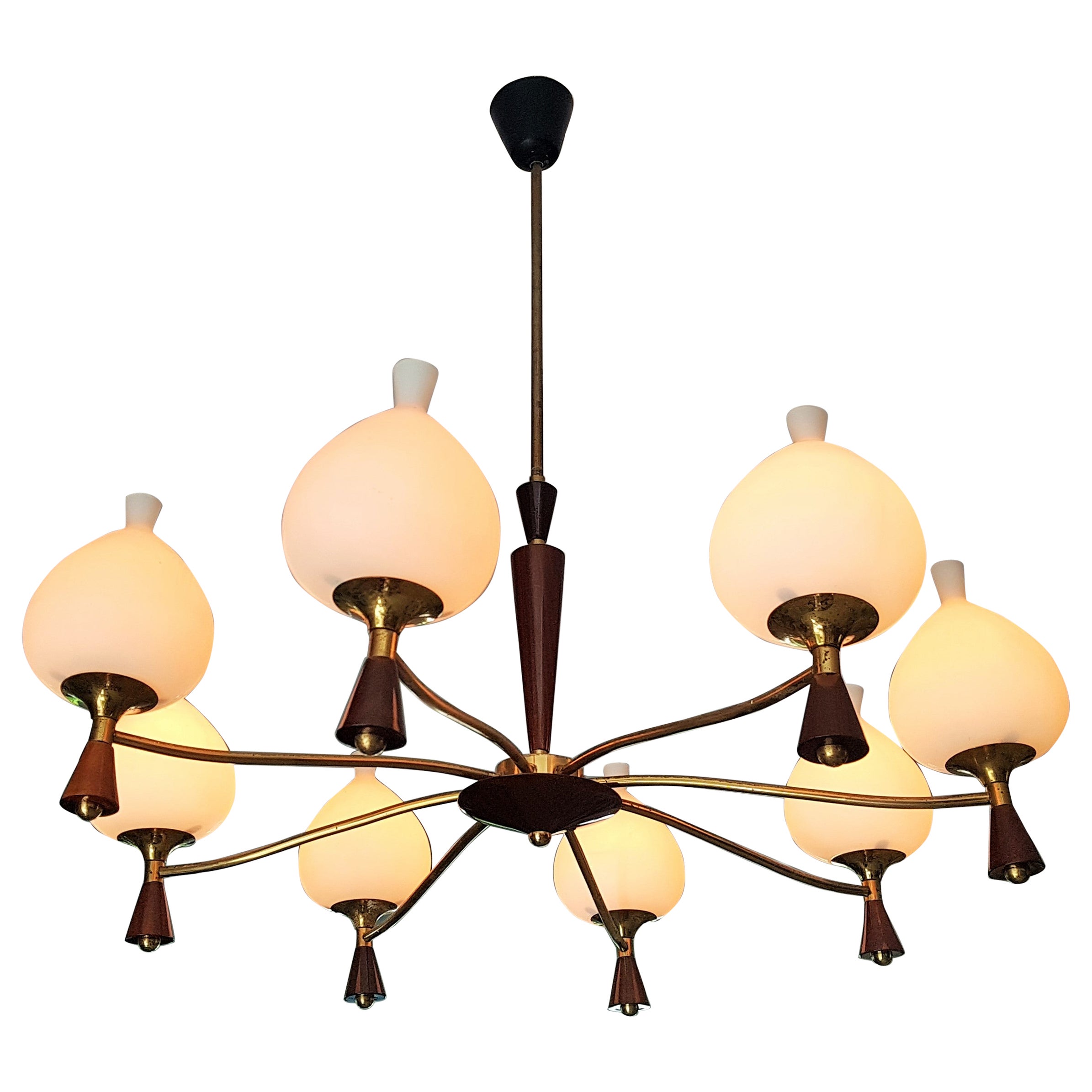 Midcentury Chandelier Style Sciolari, Brass and Wood, Italy, 1950s For Sale