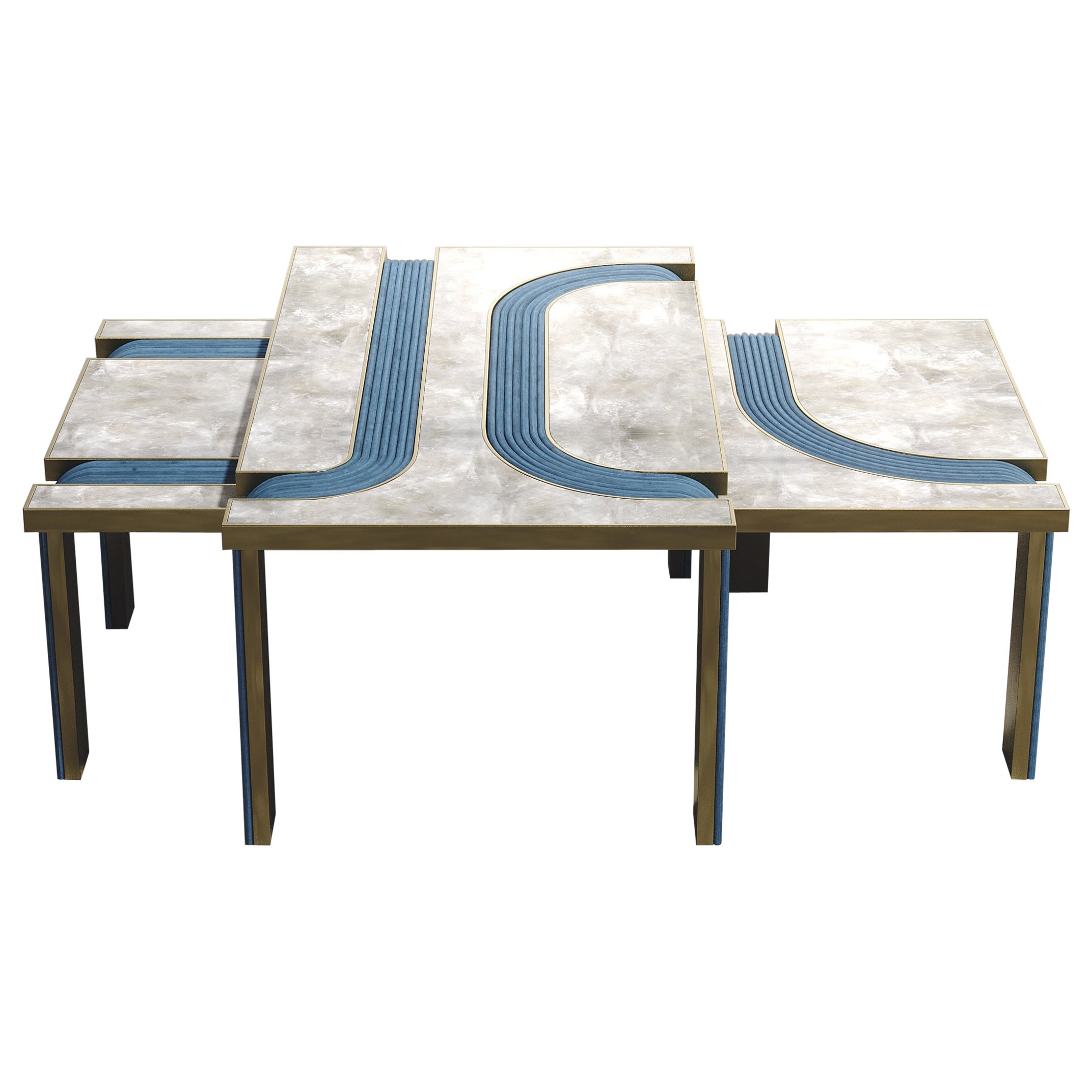 Rattan Nesting Coffee Tables with Quartz and Brass Inlay by R&Y Augousti For Sale