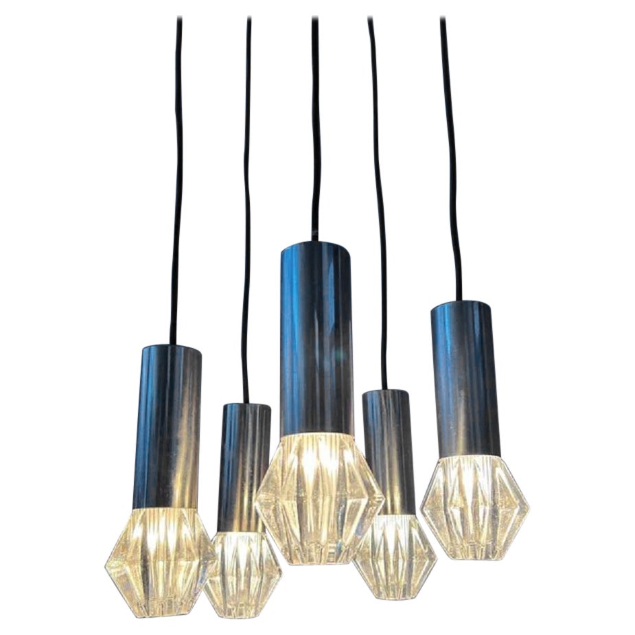 Vintage Mid Century Space Age Cascade Pendant Light Fixture with 5 Glass Shades For Sale