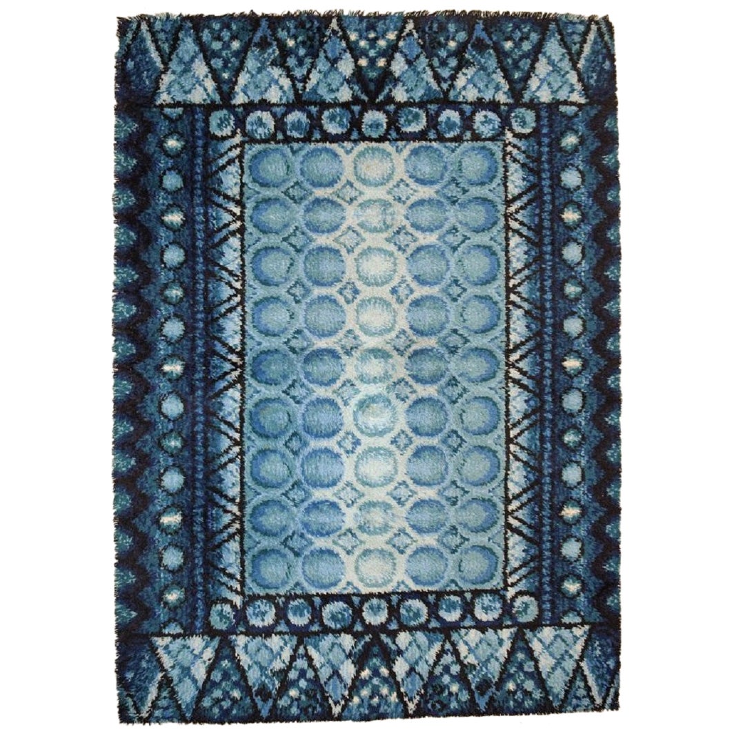 Rya Rug in Pure Wool, Geometric Fields in Shades of Blue and White,  1960s/70s For Sale at 1stDibs