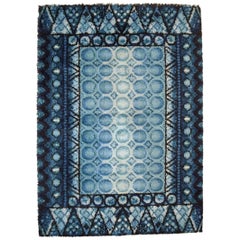 Rya Rug in Pure Wool, Geometric Fields in Shades of Blue and White, 1960s/70s