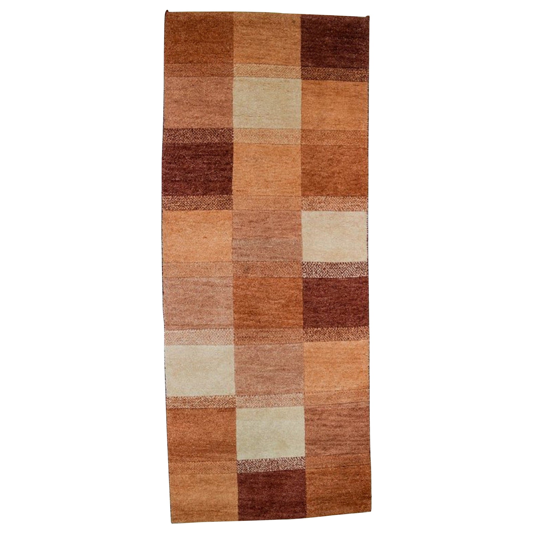 Milford, Sweden, pure wool rug. Geometric fields in red, orange and white shades For Sale