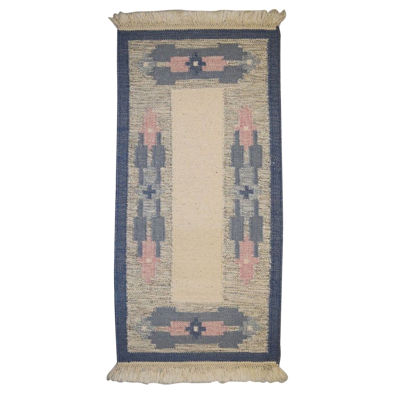 Swedish Rölakan Handwoven Wool Rug with Fringes, 1960s For Sale